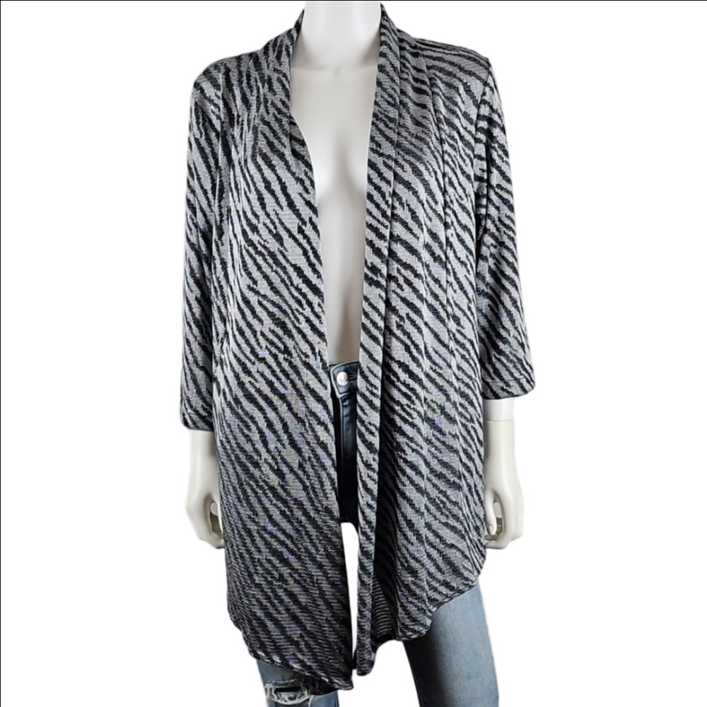 Additions By Chico's Charcoal & Silver Zebra Print Waterfall Cardigan Jacket